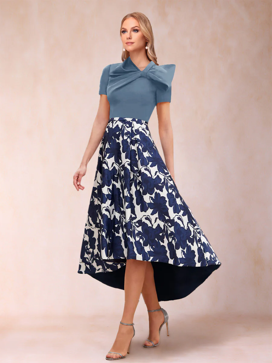 A-Line/Princess Scoop Short Sleeves Asymmetrical Mother of the Bride Dresses With Printed Flower - Image 44
