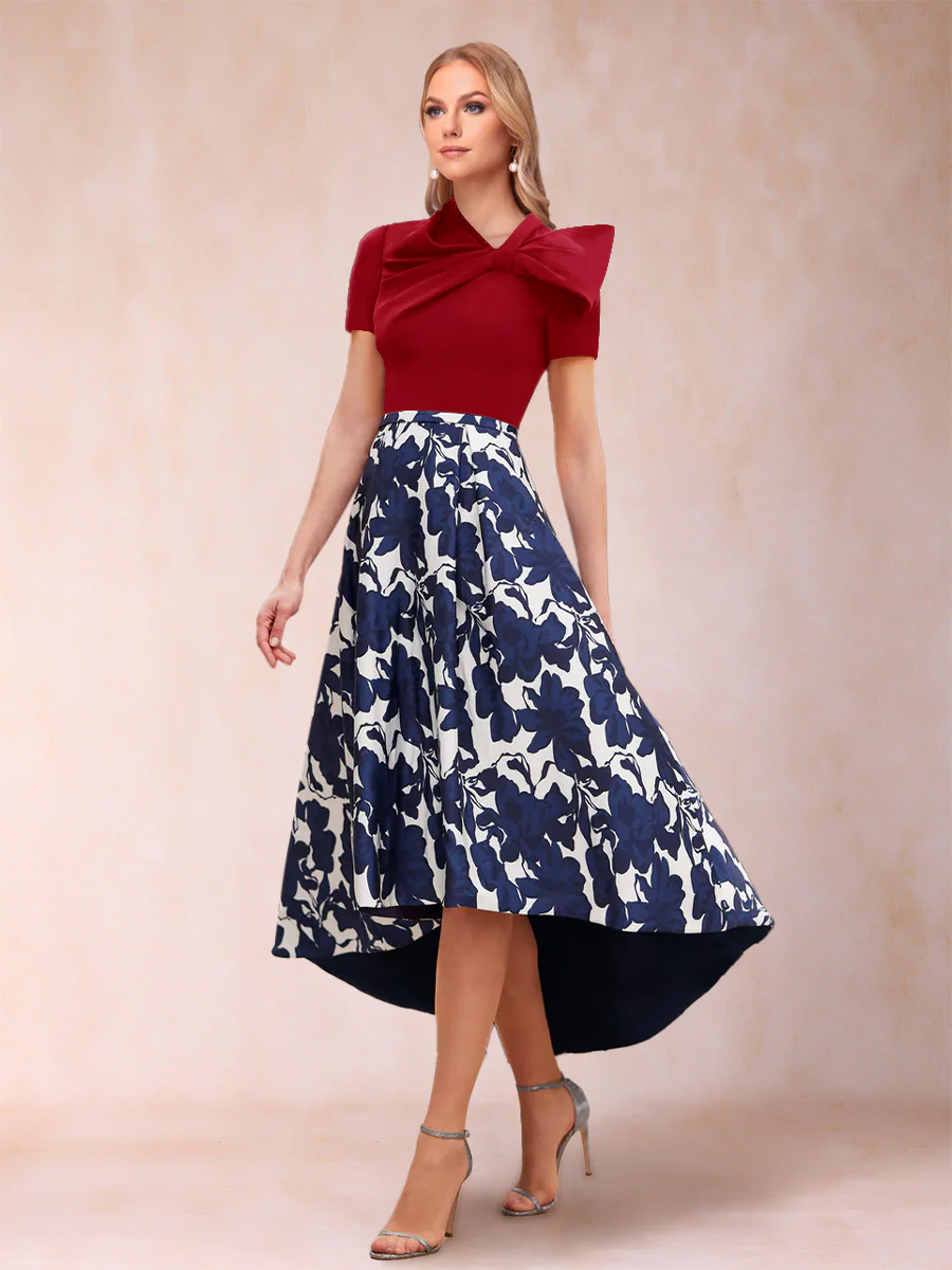 A-Line/Princess Scoop Short Sleeves Asymmetrical Mother of the Bride Dresses With Printed Flower - Image 49