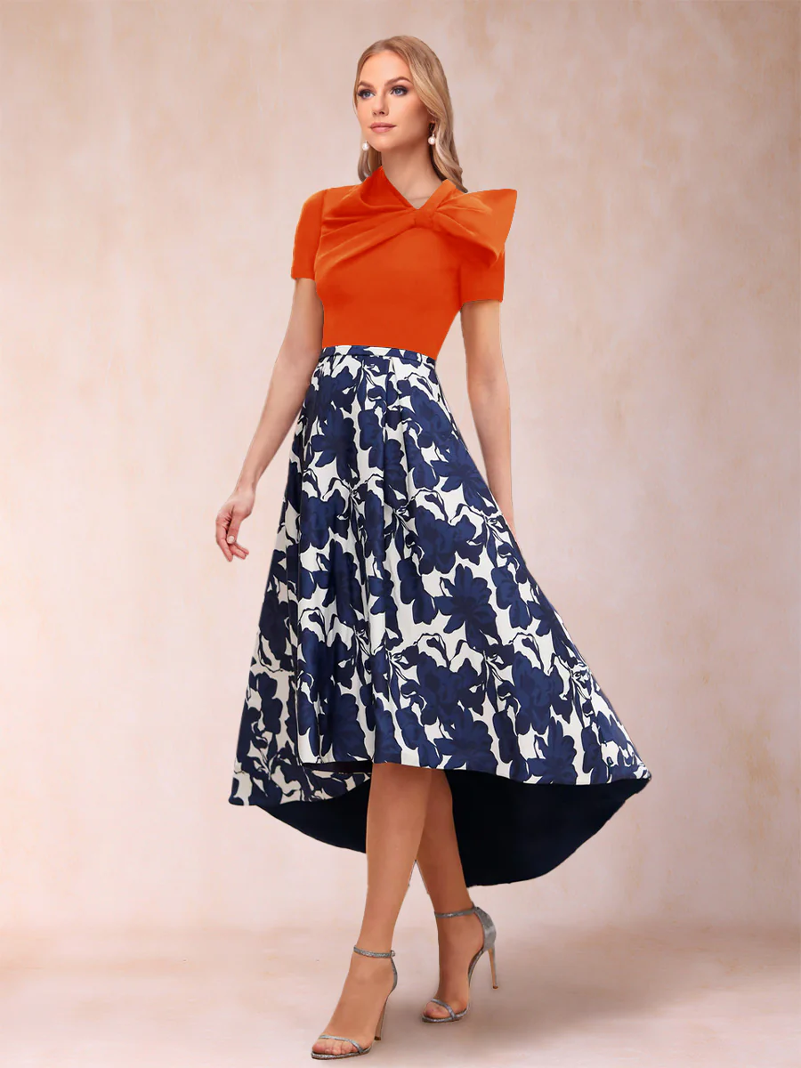 A-Line/Princess Scoop Short Sleeves Asymmetrical Mother of the Bride Dresses With Printed Flower - Image 52