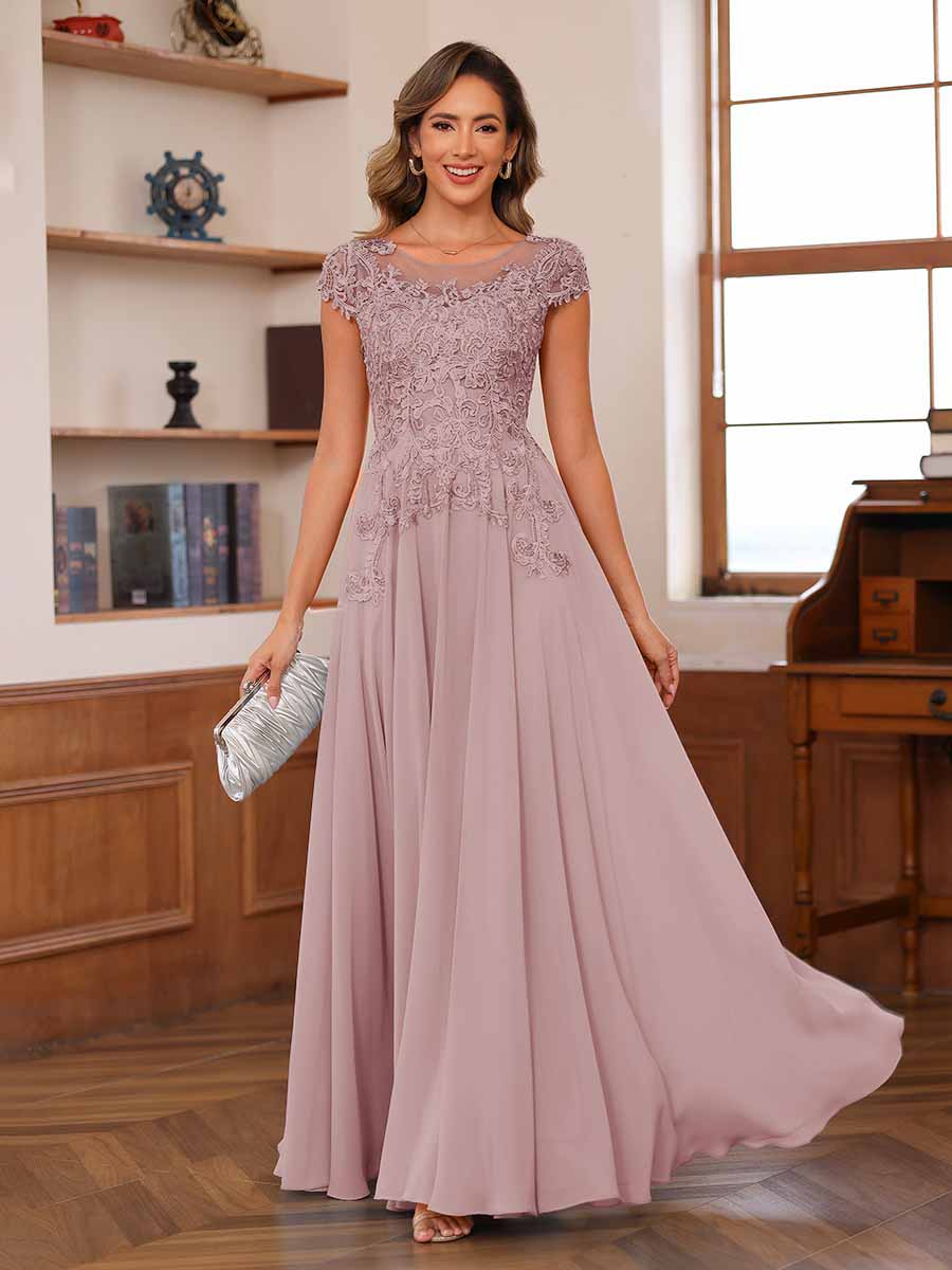 A-Line/Princess Scoop Short Sleeves Chiffon Mother of the Bride Dresses with Applique - Image 31