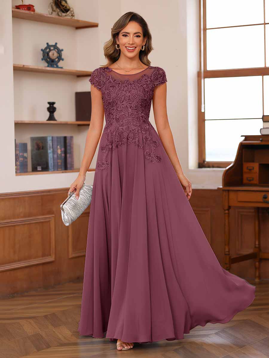A-Line/Princess Scoop Short Sleeves Chiffon Mother of the Bride Dresses with Applique - Image 47