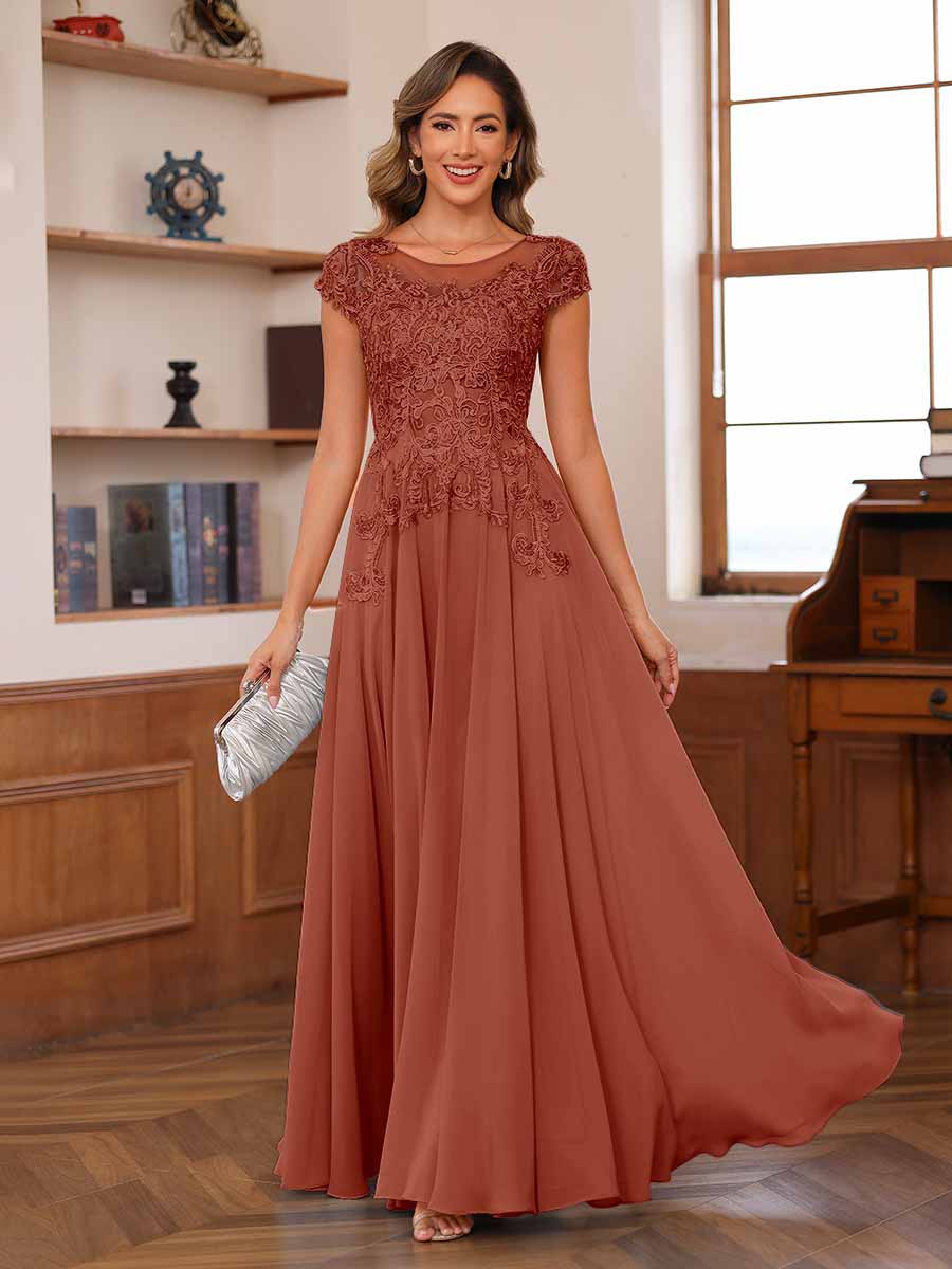 A-Line/Princess Scoop Short Sleeves Chiffon Mother of the Bride Dresses with Applique - Image 61
