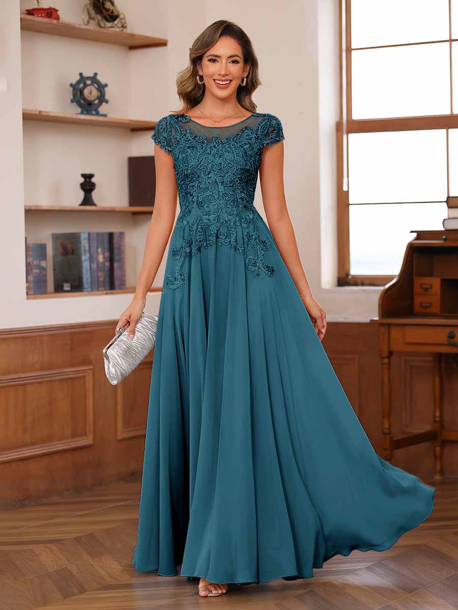 A-Line/Princess Scoop Short Sleeves Chiffon Mother of the Bride Dresses with Applique - Image 71