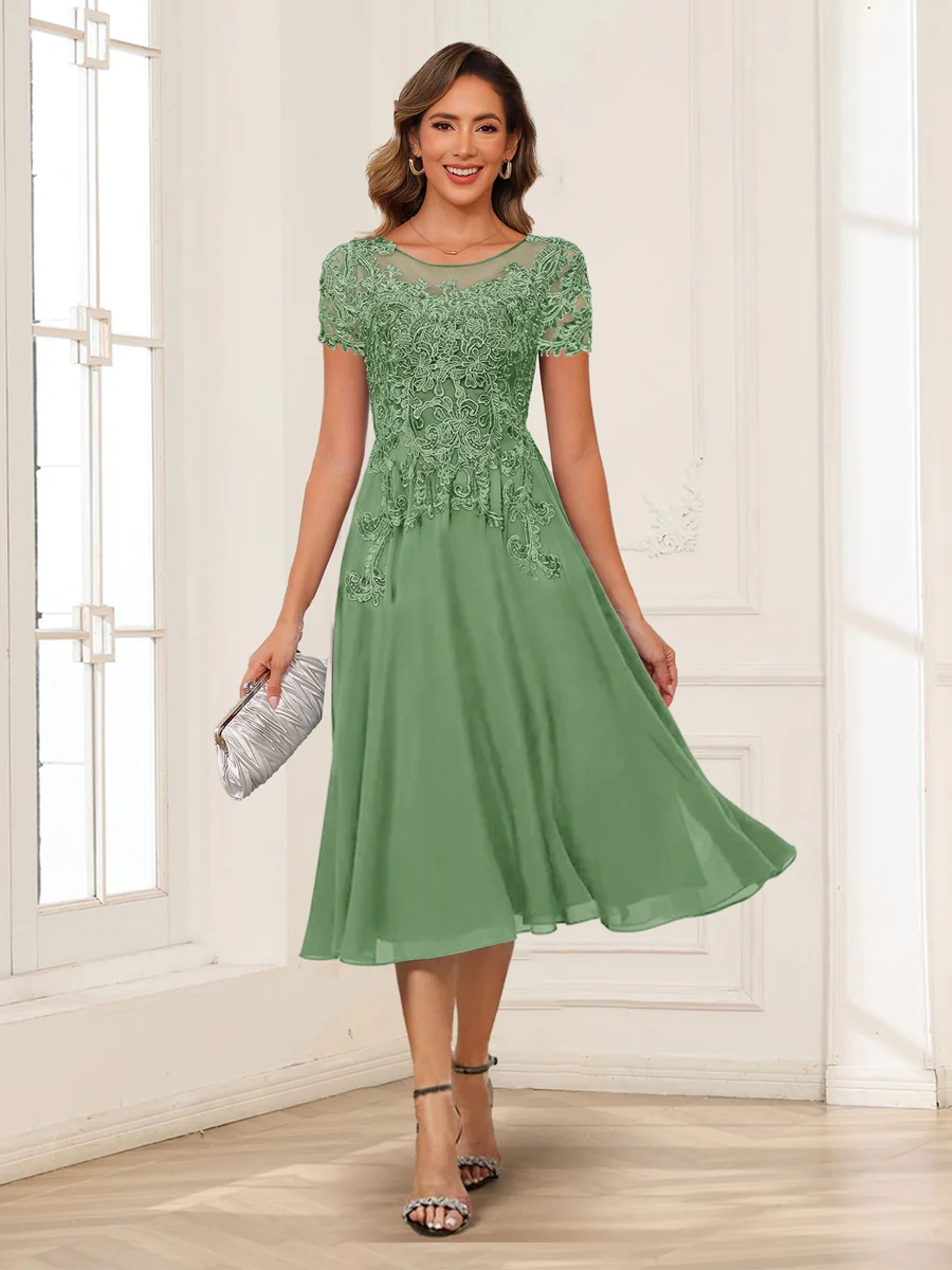 A-Line/Princess Scoop Short Sleeves Chiffon Mother of the Bride Dresses with Applique - Image 18