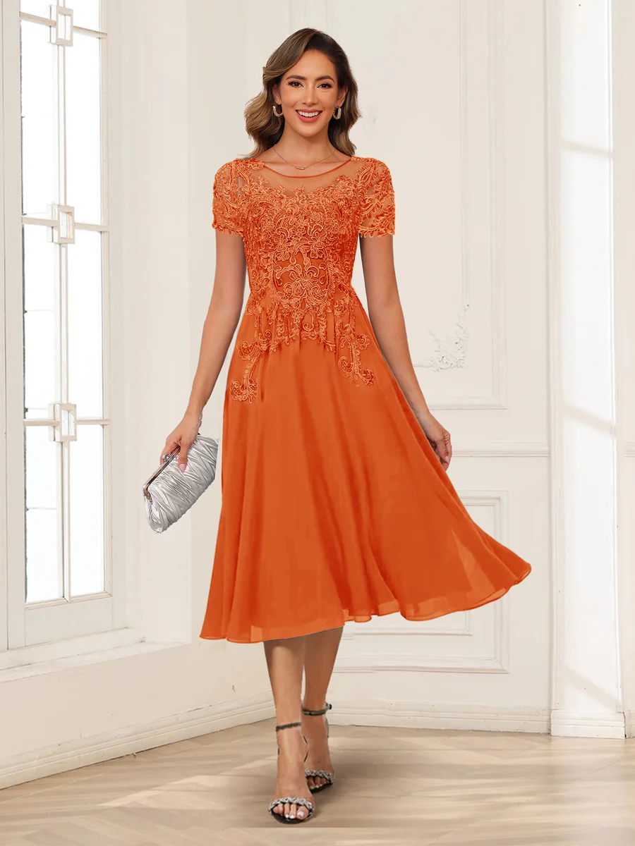 A-Line/Princess Scoop Short Sleeves Chiffon Mother of the Bride Dresses with Applique - Image 47