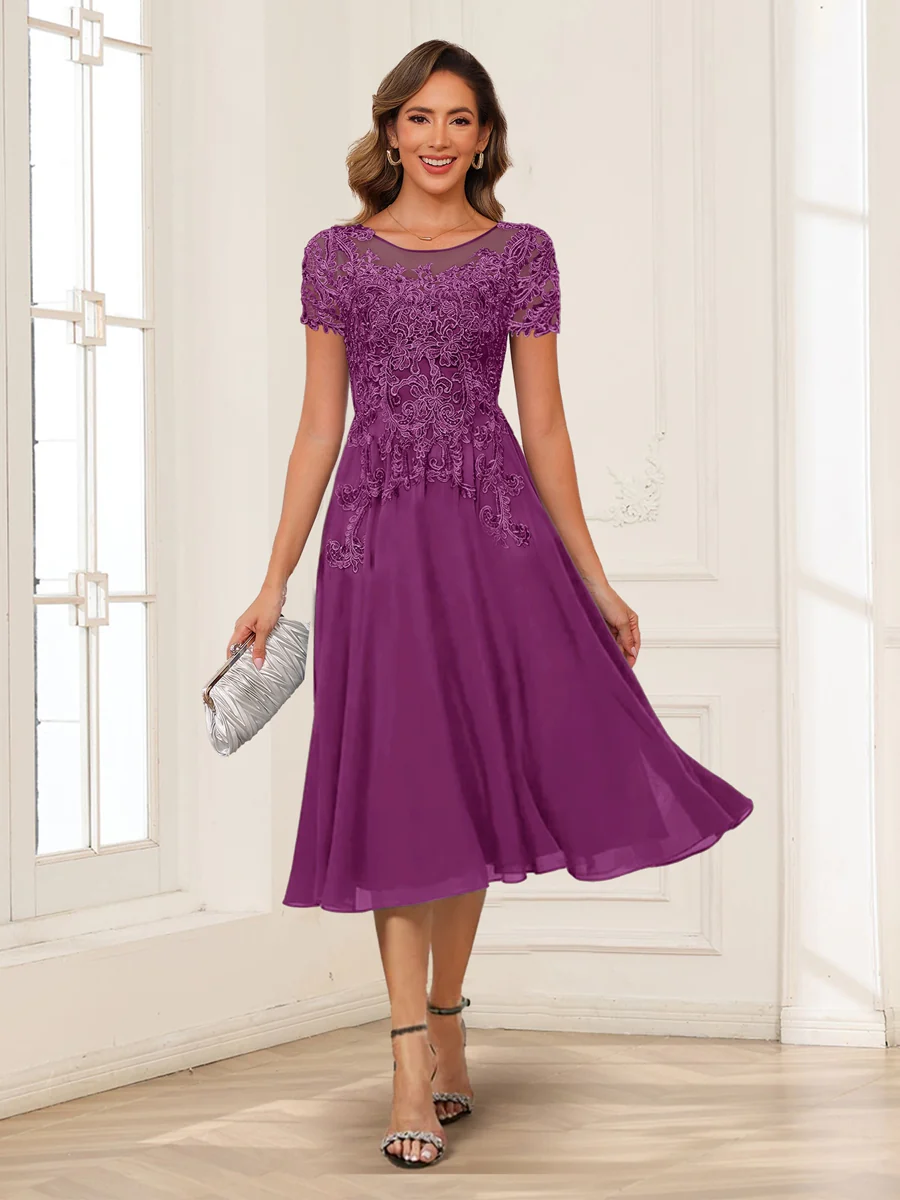 A-Line/Princess Scoop Short Sleeves Chiffon Mother of the Bride Dresses with Applique - Image 48