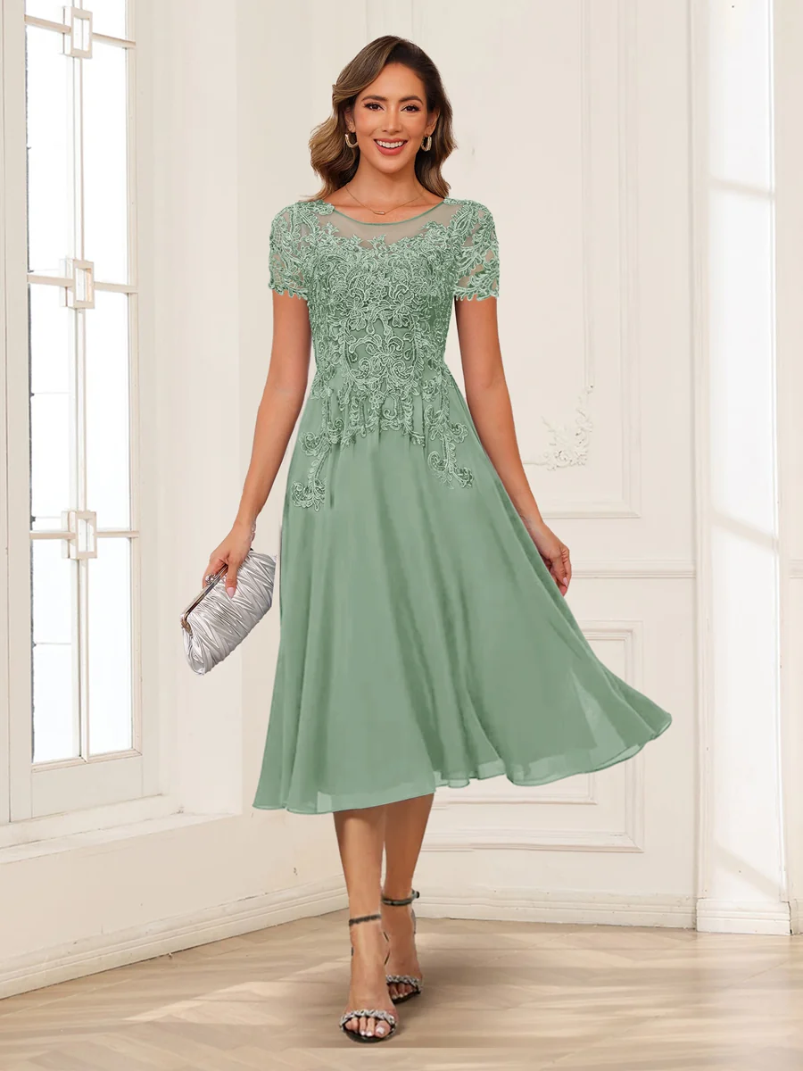A-Line/Princess Scoop Short Sleeves Chiffon Mother of the Bride Dresses with Applique - Image 58