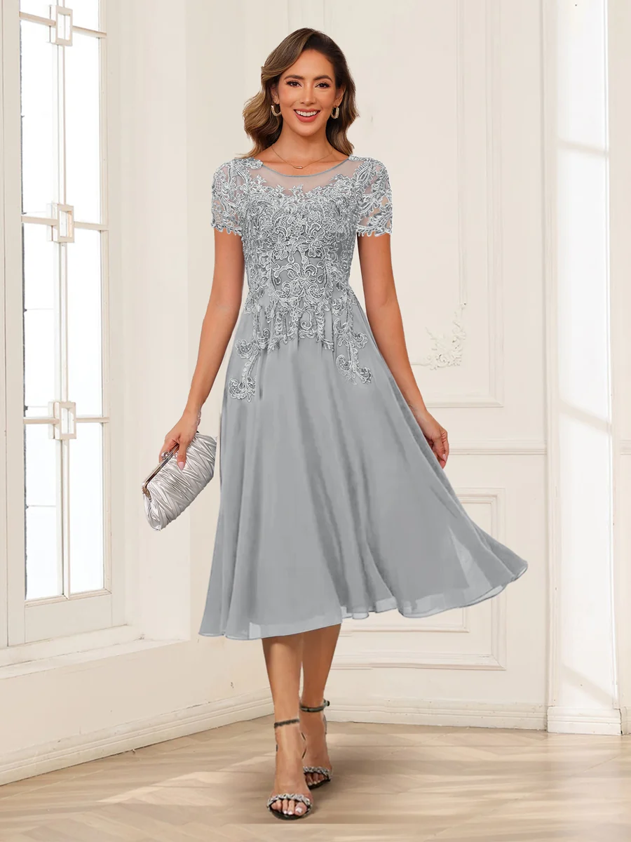 A-Line/Princess Scoop Short Sleeves Chiffon Mother of the Bride Dresses with Applique - Image 60