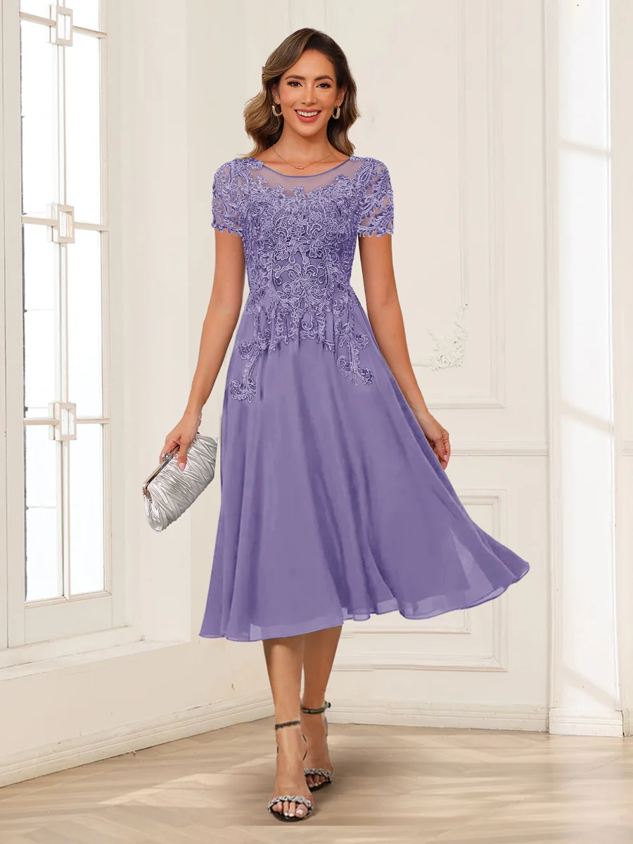 A-Line/Princess Scoop Short Sleeves Chiffon Mother of the Bride Dresses with Applique - Image 71