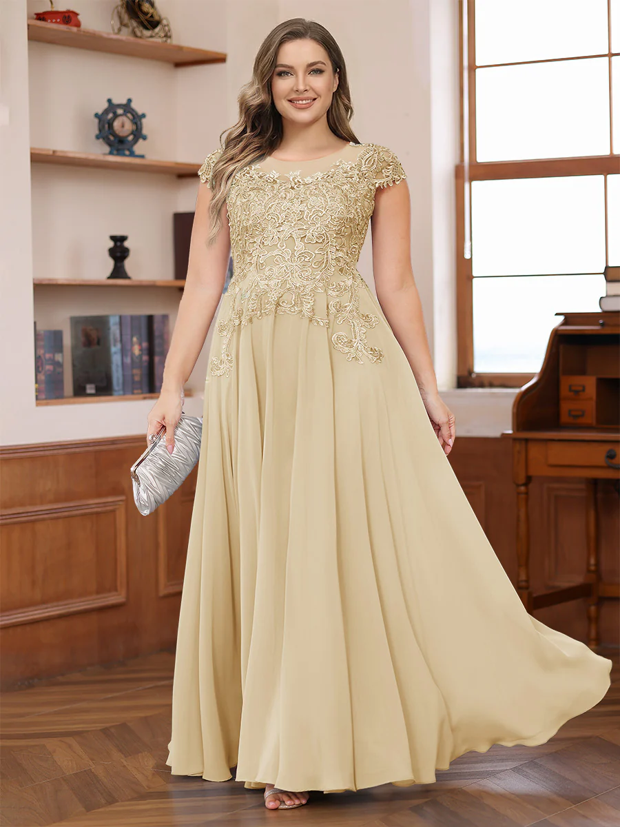 A-Line/Princess Scoop Short Sleeves Chiffon Plus Size Mother of the Bride Dresses with Applique - Image 10