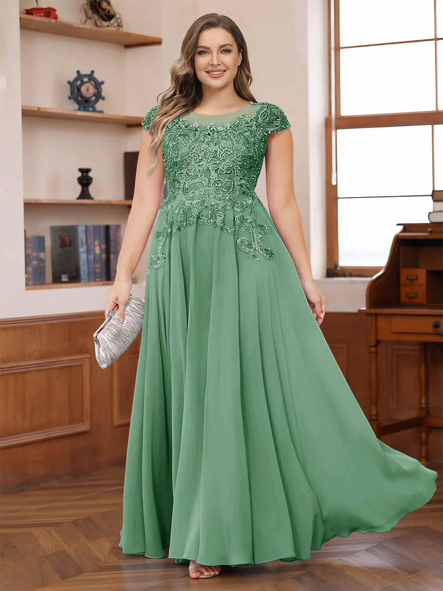 A-Line/Princess Scoop Short Sleeves Chiffon Plus Size Mother of the Bride Dresses with Applique - Image 23