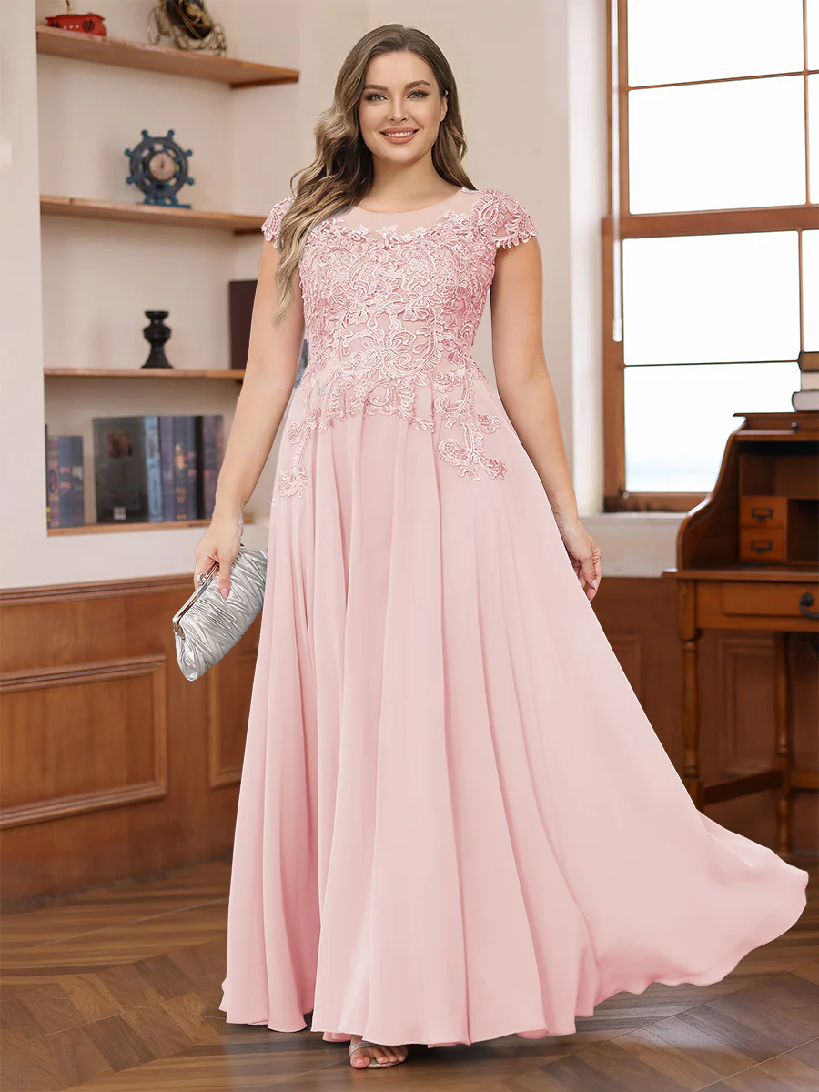 A-Line/Princess Scoop Short Sleeves Chiffon Plus Size Mother of the Bride Dresses with Applique - Image 35