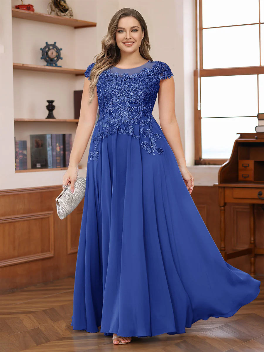 A-Line/Princess Scoop Short Sleeves Chiffon Plus Size Mother of the Bride Dresses with Applique - Image 37