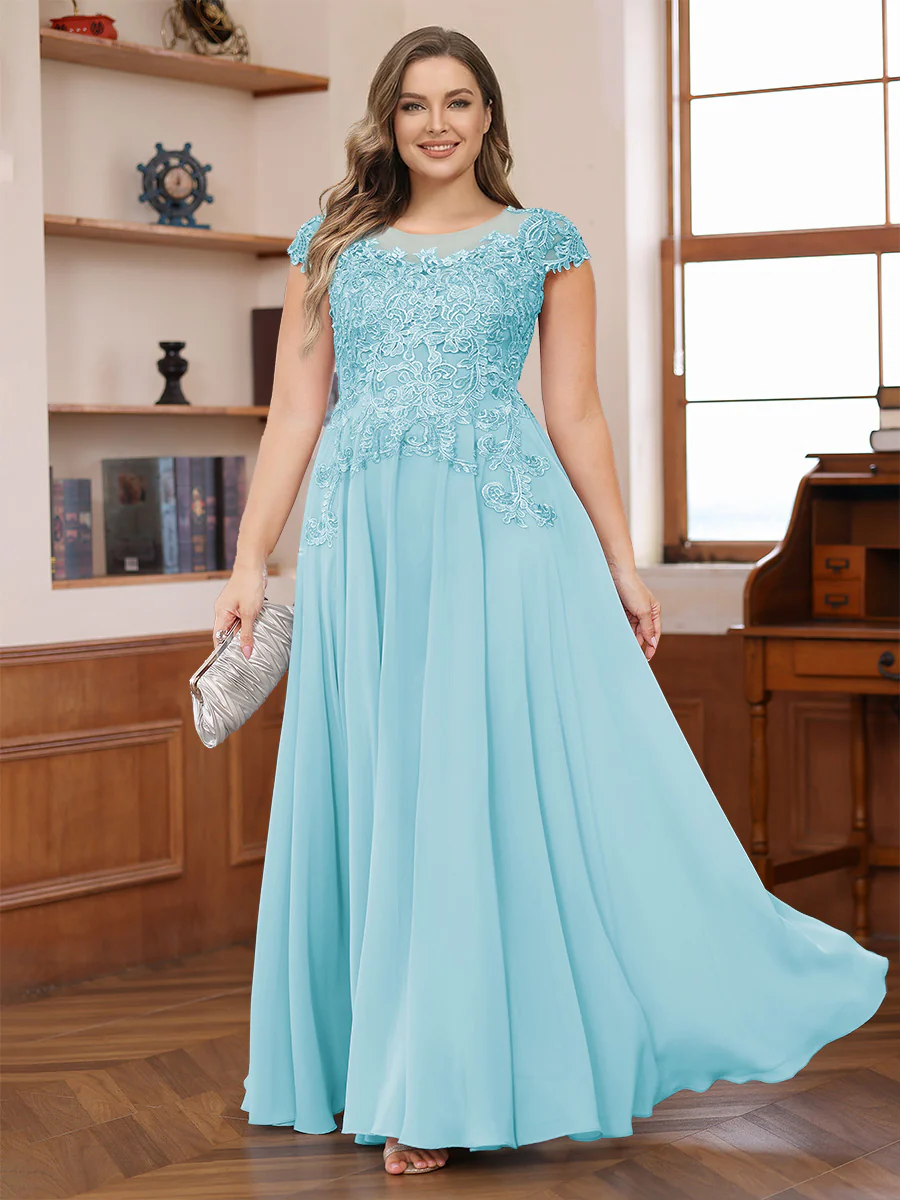 A-Line/Princess Scoop Short Sleeves Chiffon Plus Size Mother of the Bride Dresses with Applique - Image 38