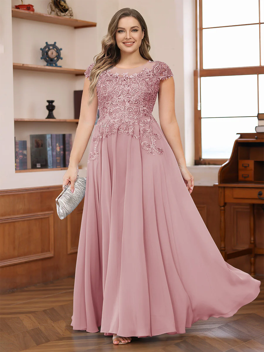 A-Line/Princess Scoop Short Sleeves Chiffon Plus Size Mother of the Bride Dresses with Applique - Image 40