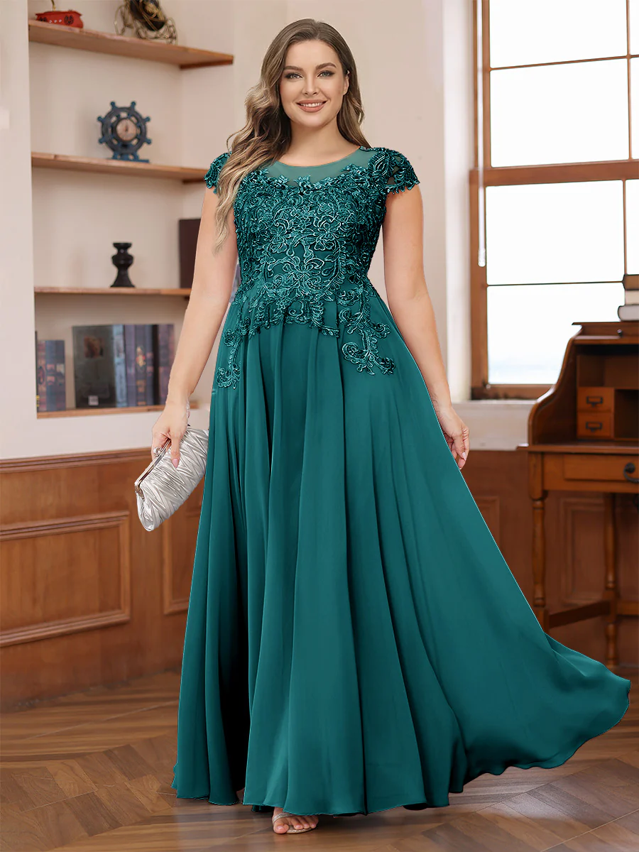 A-Line/Princess Scoop Short Sleeves Chiffon Plus Size Mother of the Bride Dresses with Applique - Image 51