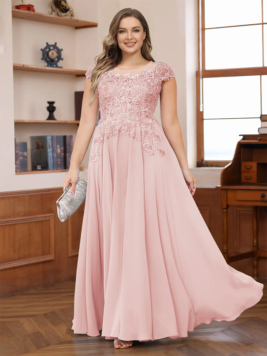 A-Line/Princess Scoop Short Sleeves Chiffon Plus Size Mother of the Bride Dresses with Applique - Image 52