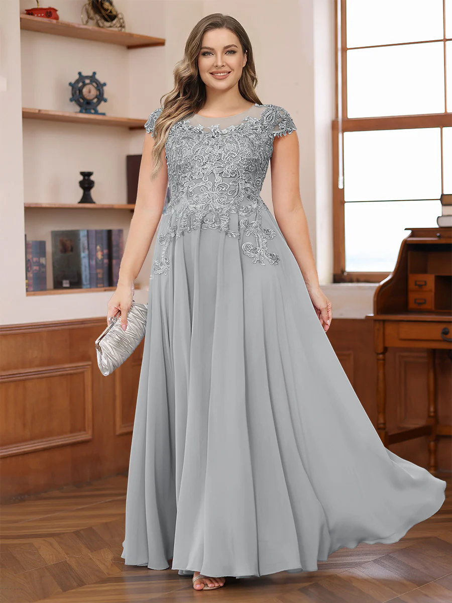 A-Line/Princess Scoop Short Sleeves Chiffon Plus Size Mother of the Bride Dresses with Applique - Image 60