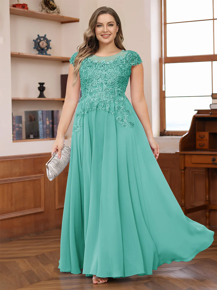 A-Line/Princess Scoop Short Sleeves Chiffon Plus Size Mother of the Bride Dresses with Applique - Image 63