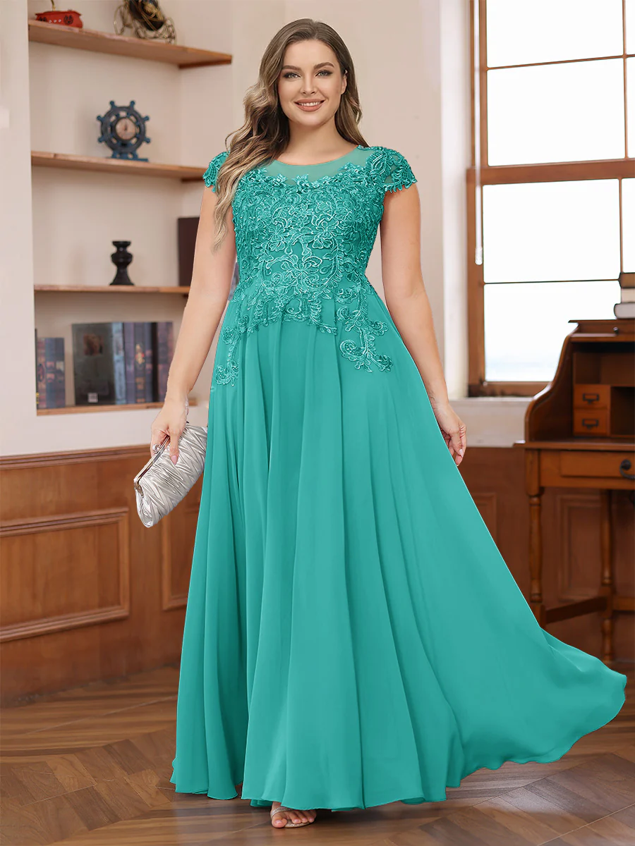 A-Line/Princess Scoop Short Sleeves Chiffon Plus Size Mother of the Bride Dresses with Applique - Image 68