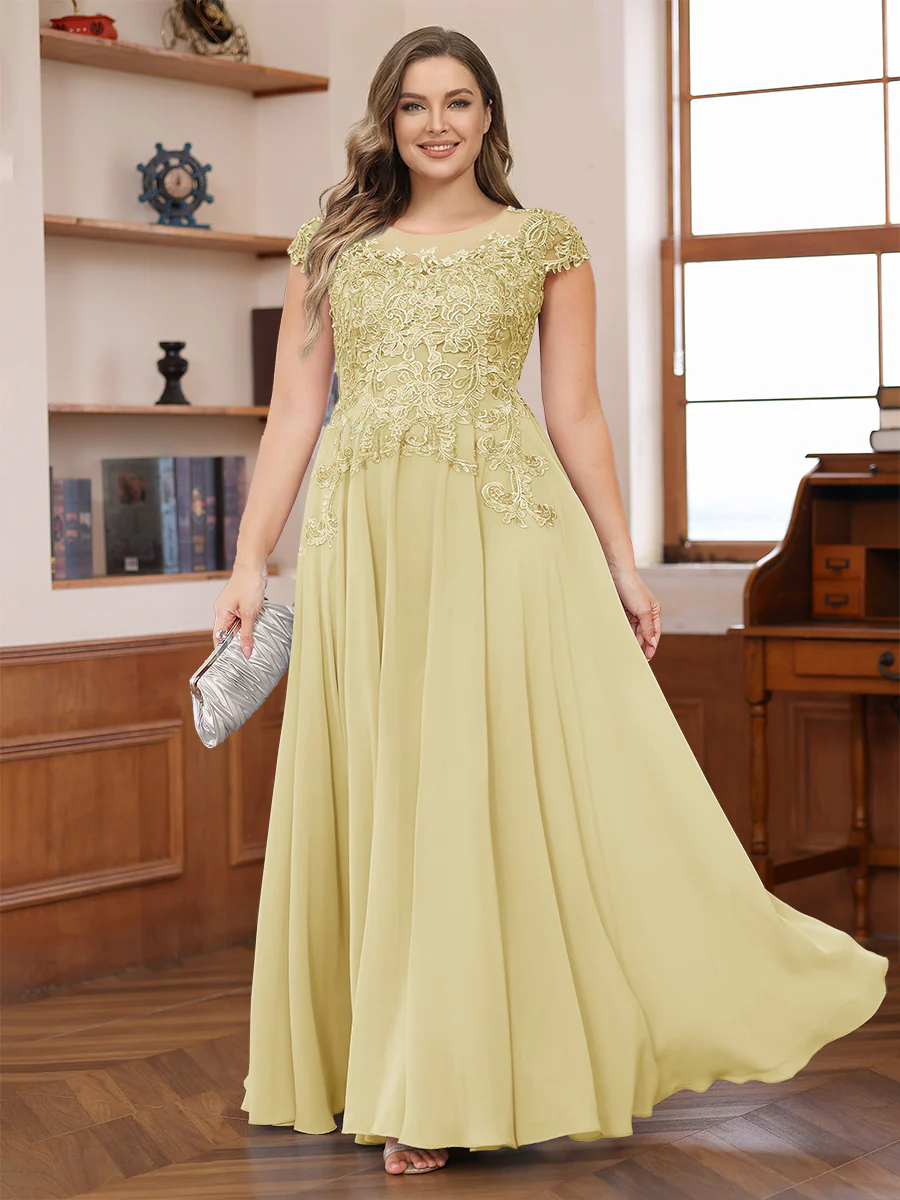 A-Line/Princess Scoop Short Sleeves Chiffon Plus Size Mother of the Bride Dresses with Applique - Image 72