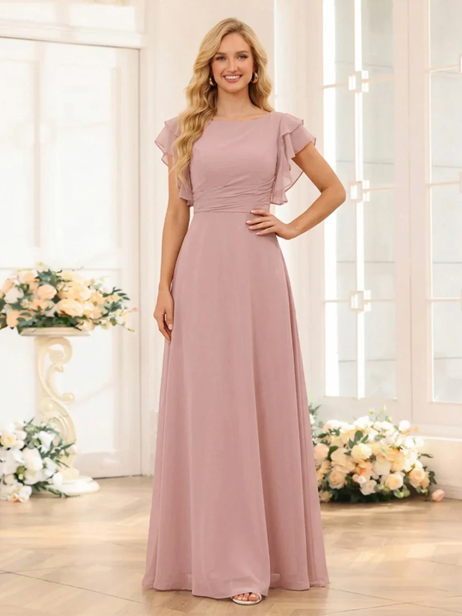 A-Line/Princess Scoop Short Sleeves Floor-Length Bridesmaid Dresses with Ruffles & Ruched