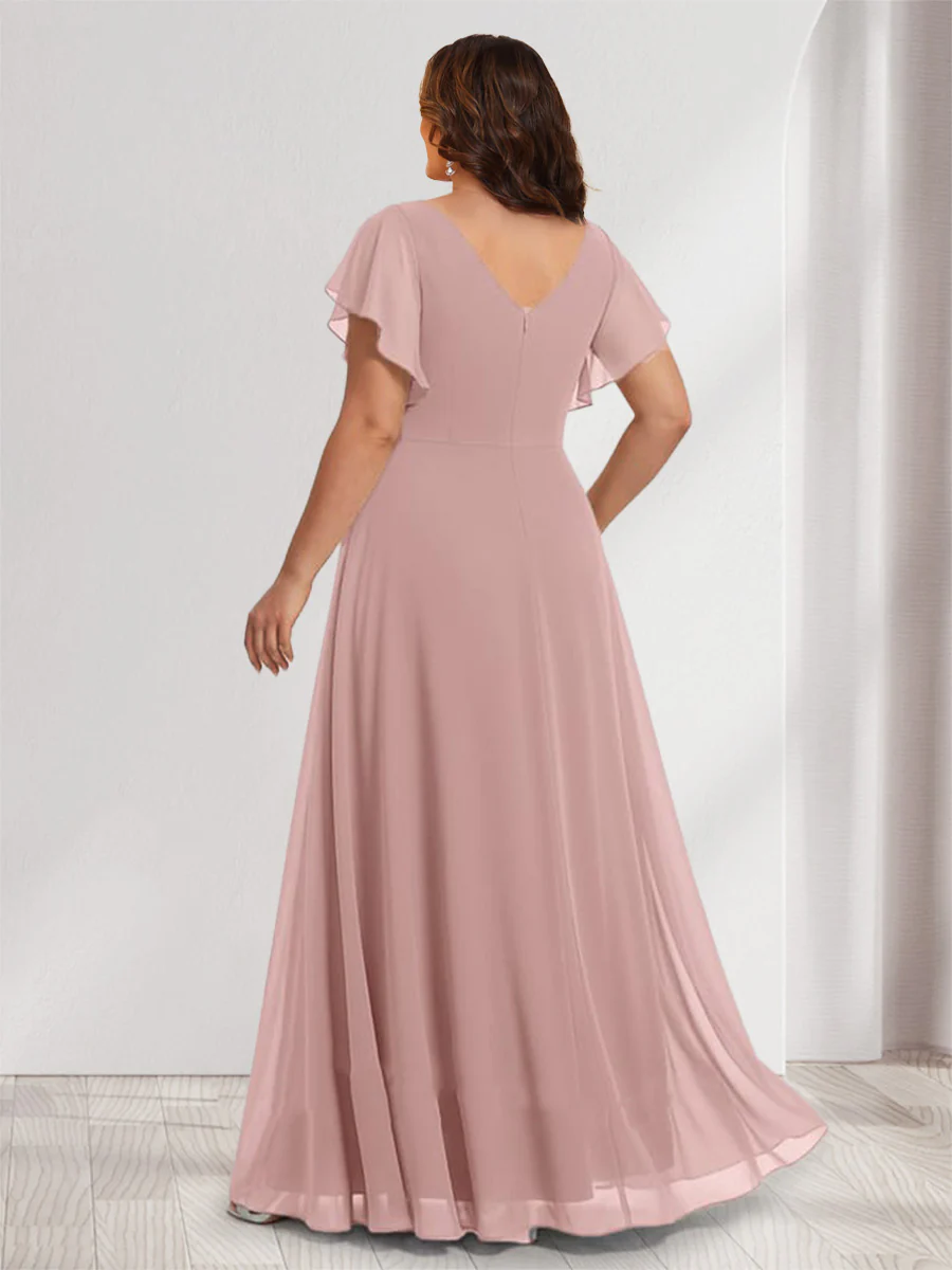 A-Line/Princess Scoop Short Sleeves Floor-Length Plus Size Bridesmaid Dresses with Ruffles & Ruched - Image 2