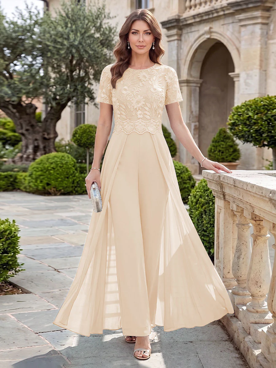 A-Line/Princess Scoop Short Sleeves Jumpsuit with Applique - Image 34