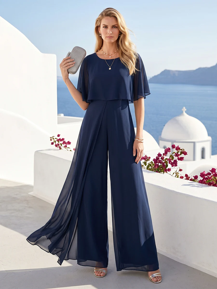 A-Line/Princess Scoop Short Sleeves Jumpsuits with Watteau Train