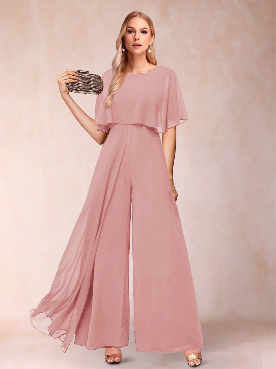 A-Line/Princess Scoop Short Sleeves Jumpsuits with Watteau Train - Image 17