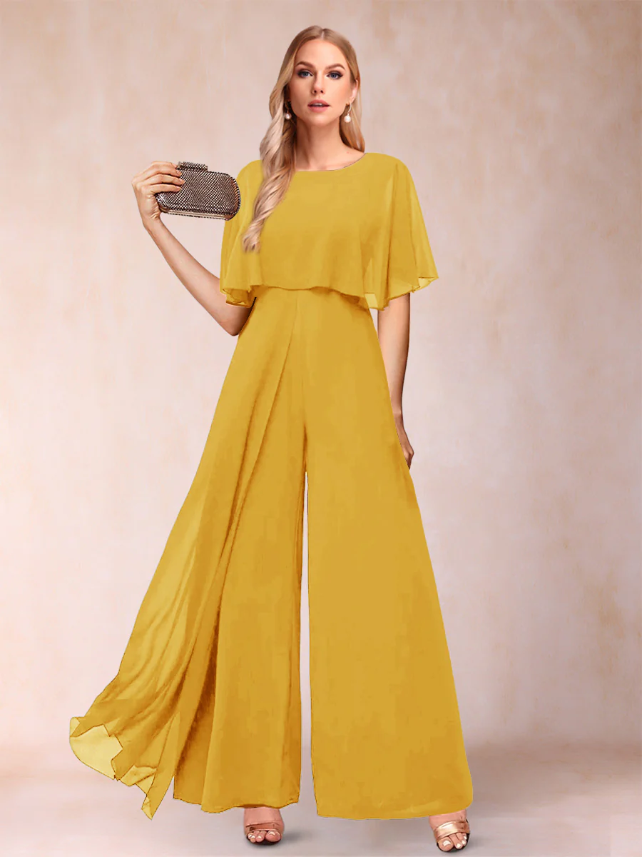 A-Line/Princess Scoop Short Sleeves Jumpsuits with Watteau Train - Image 42