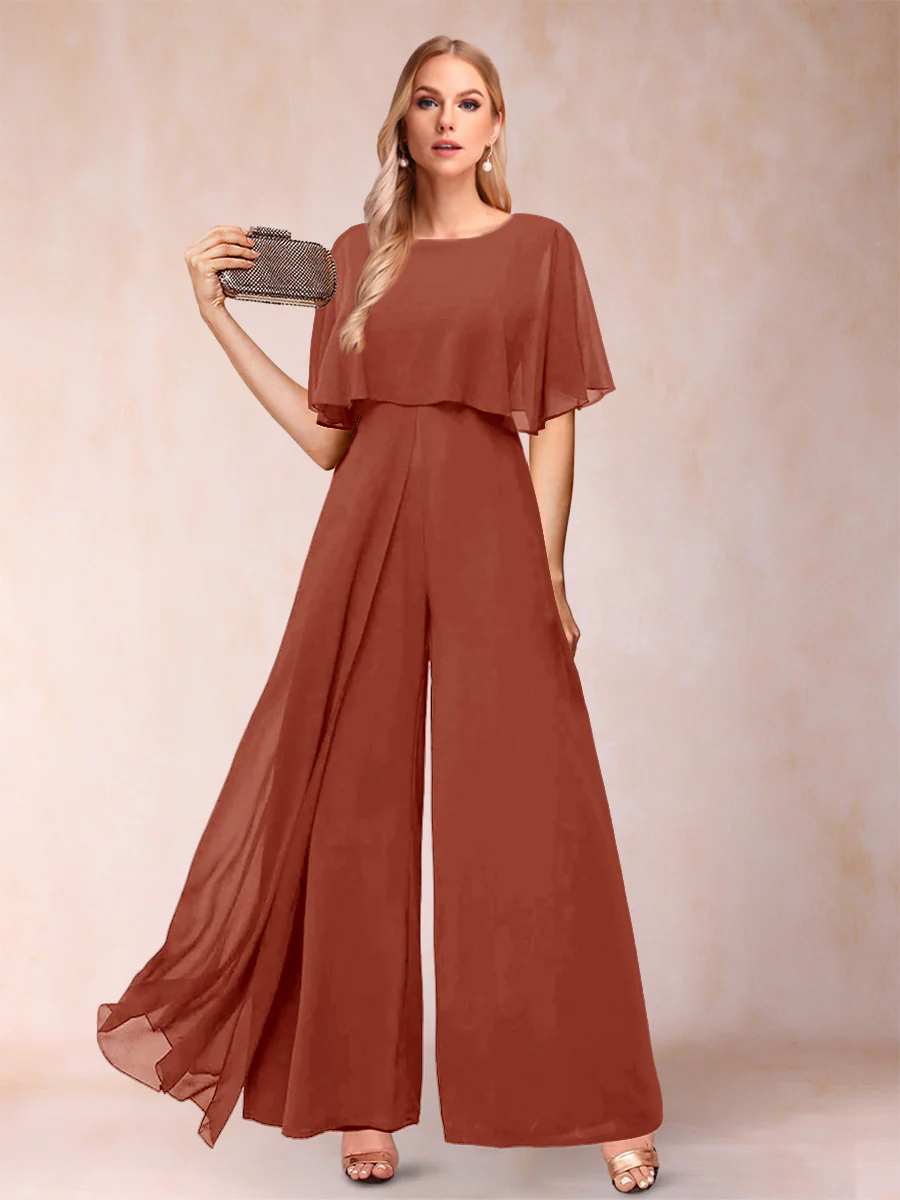A-Line/Princess Scoop Short Sleeves Jumpsuits with Watteau Train - Image 56