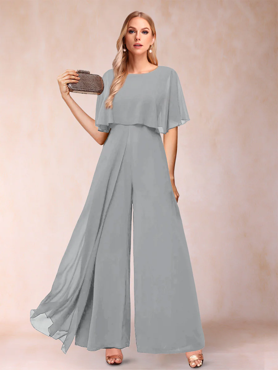 A-Line/Princess Scoop Short Sleeves Jumpsuits with Watteau Train - Image 59