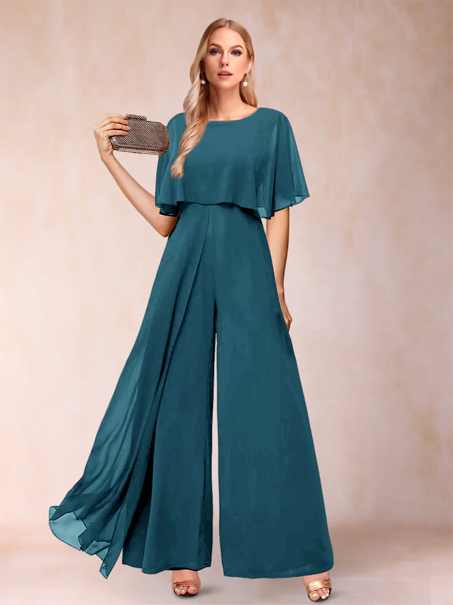 A-Line/Princess Scoop Short Sleeves Jumpsuits with Watteau Train - Image 66