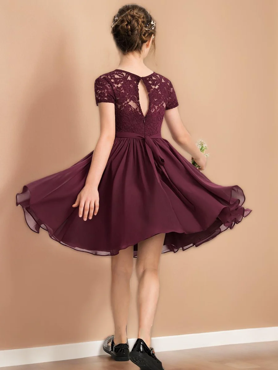 A-Line/Princess Scoop Short Sleeves Knee-Length Ruched Junior Bridesmaid Dresses - Image 2