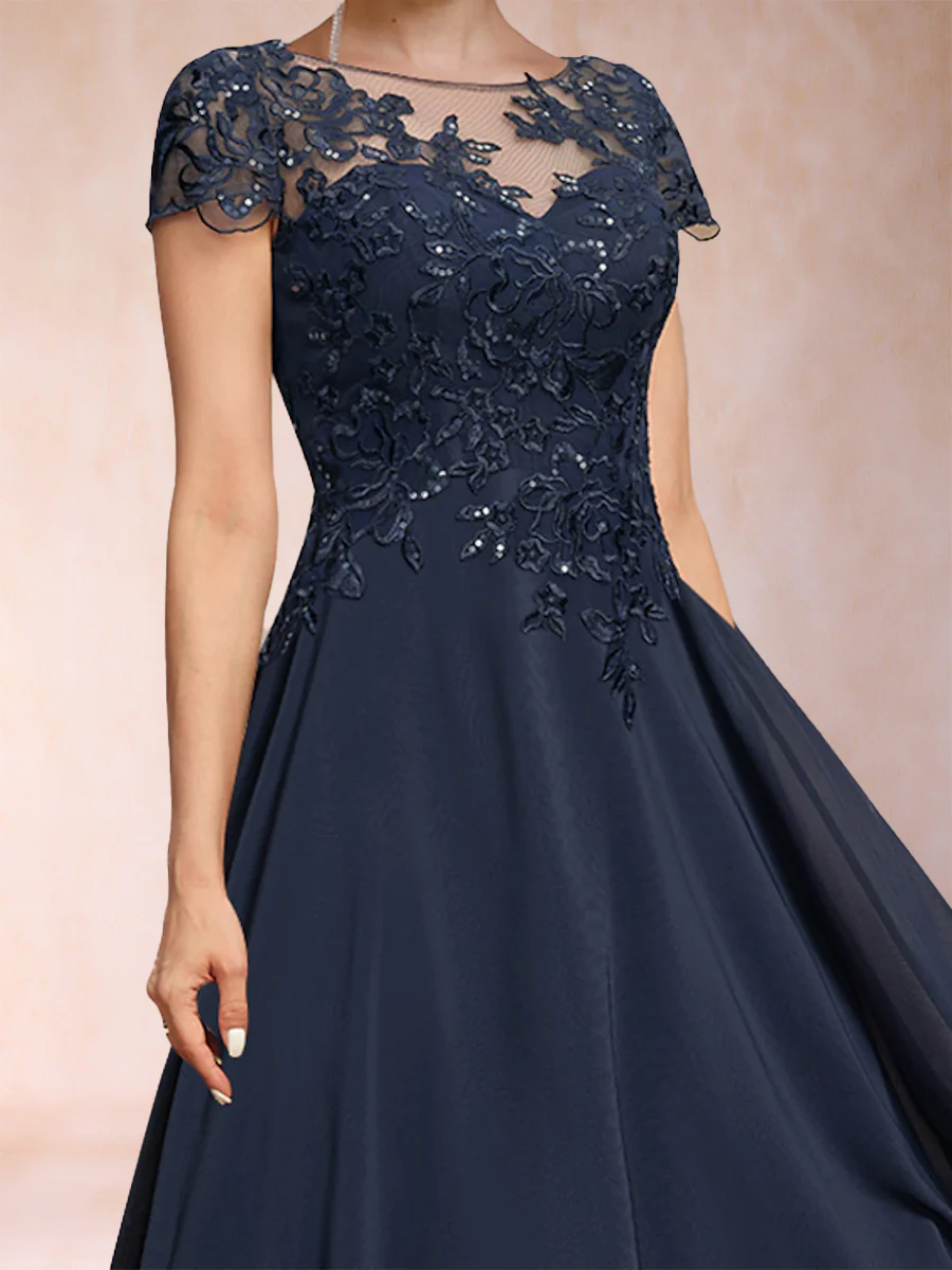 A-Line/Princess Scoop Short Sleeves Mother of the Bride Dresses with Applique - Image 3