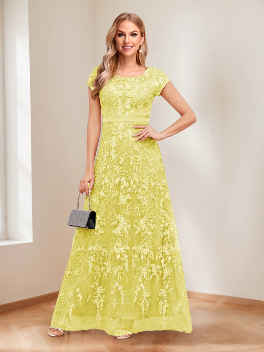 A-Line/Princess Scoop Short Sleeves Mother of the Bride Dresses with Appliques & Beading - Image 13