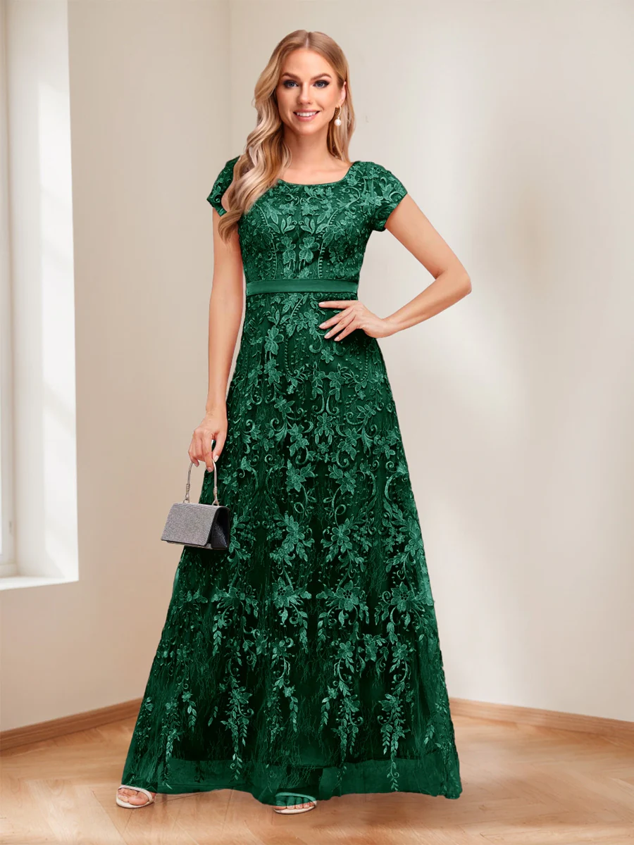 A-Line/Princess Scoop Short Sleeves Mother of the Bride Dresses with Appliques & Beading - Image 16