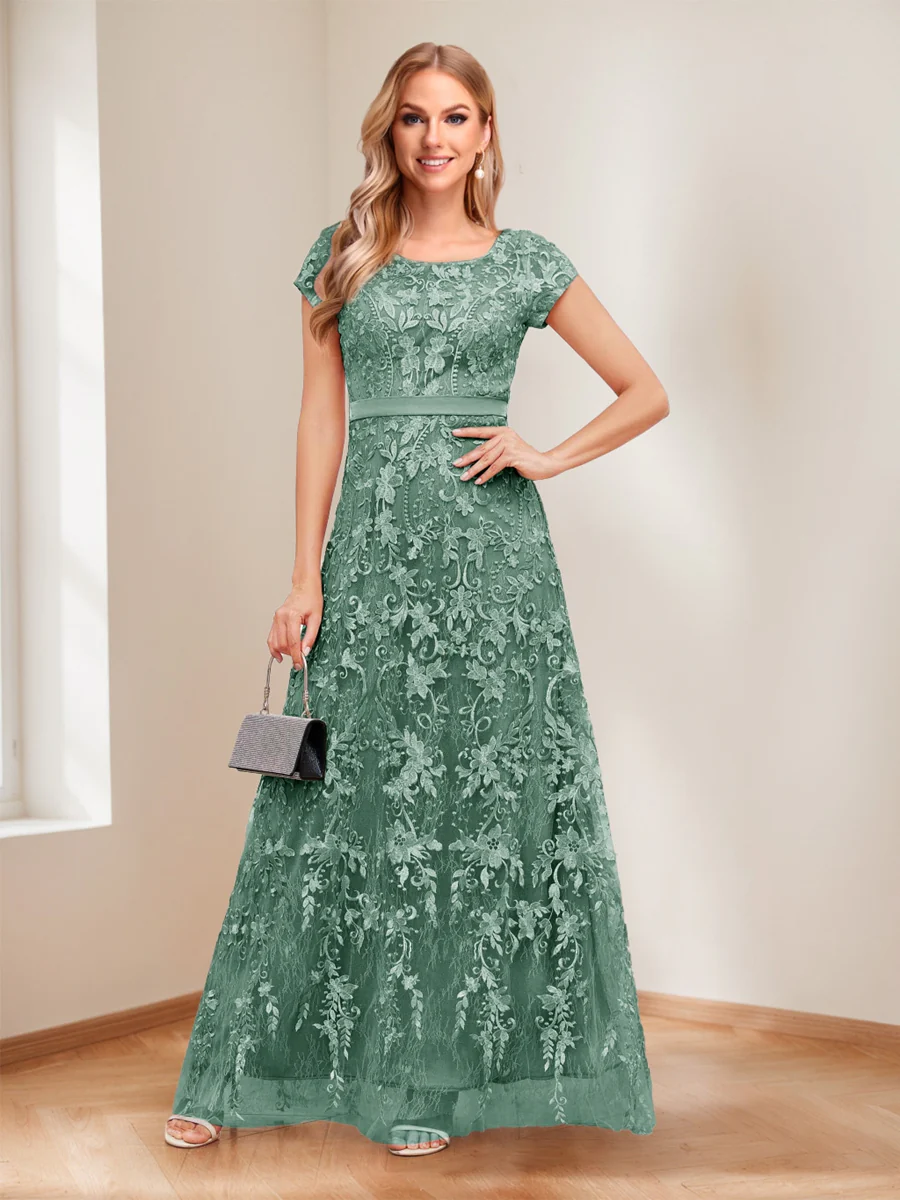 A-Line/Princess Scoop Short Sleeves Mother of the Bride Dresses with Appliques & Beading - Image 24