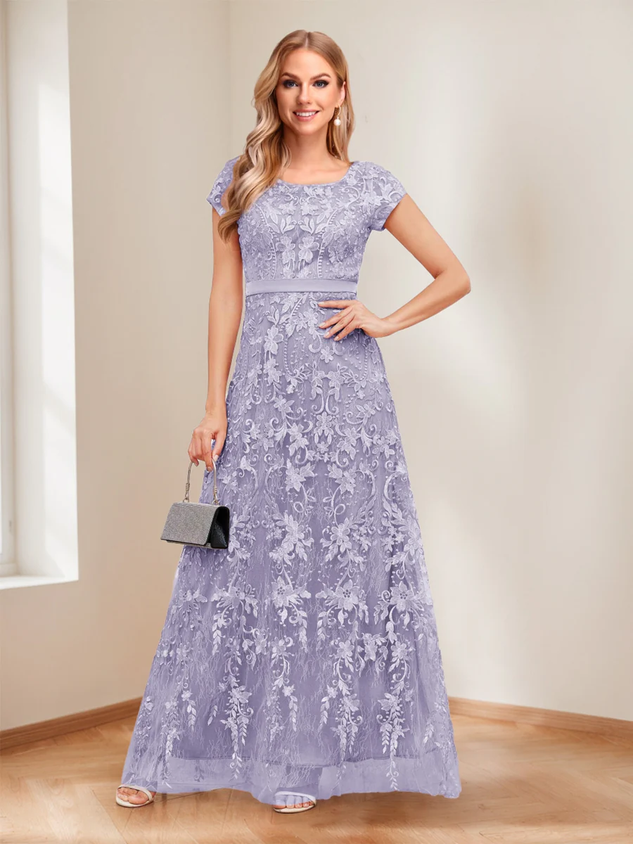 A-Line/Princess Scoop Short Sleeves Mother of the Bride Dresses with Appliques & Beading - Image 41