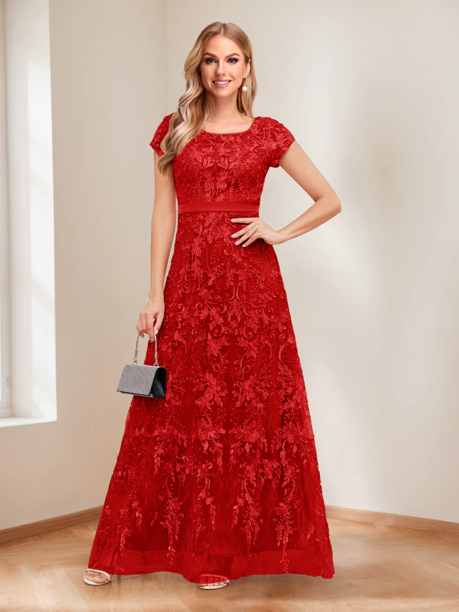 A-Line/Princess Scoop Short Sleeves Mother of the Bride Dresses with Appliques & Beading - Image 59