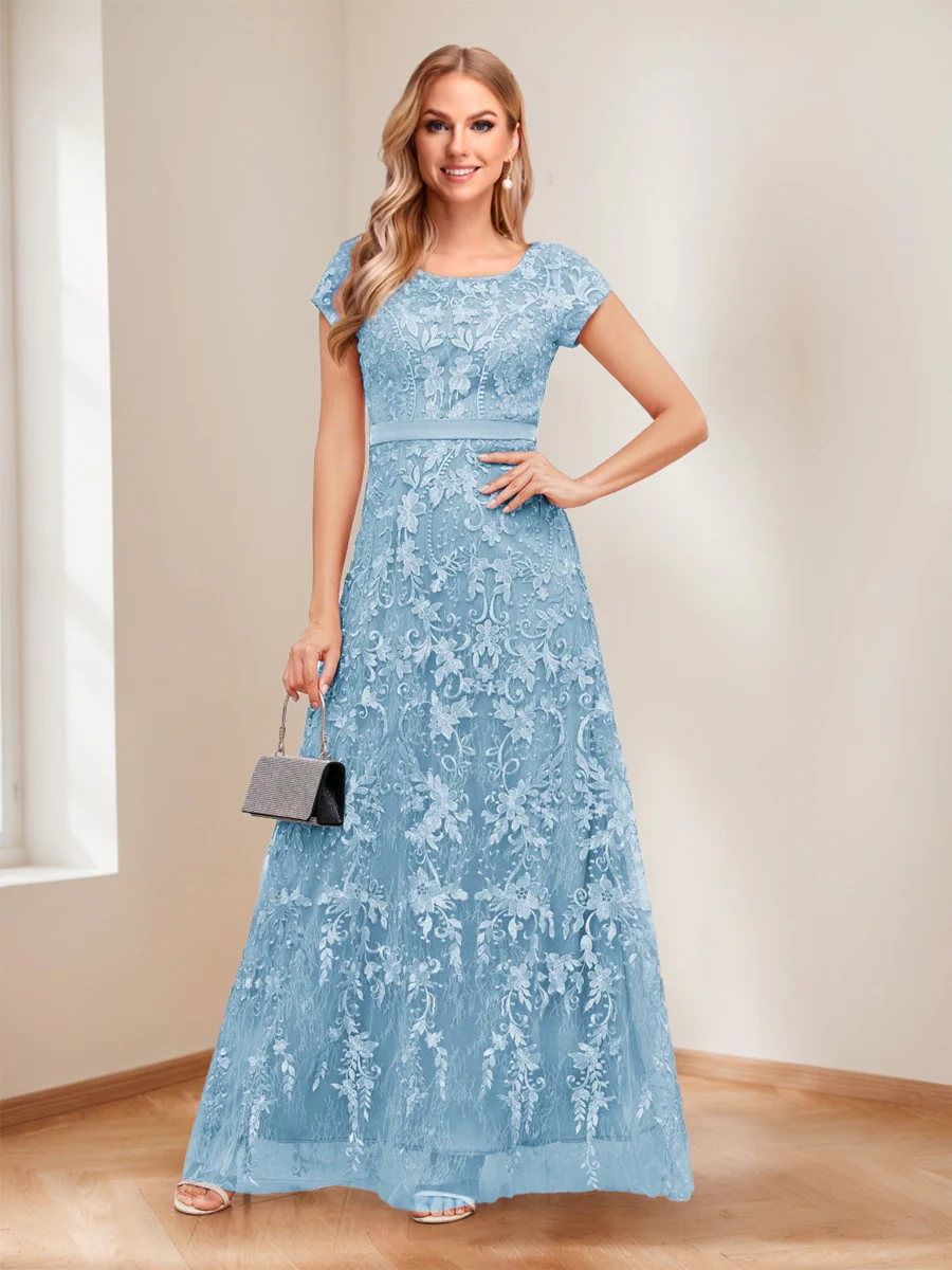 A-Line/Princess Scoop Short Sleeves Mother of the Bride Dresses with Appliques & Beading - Image 66