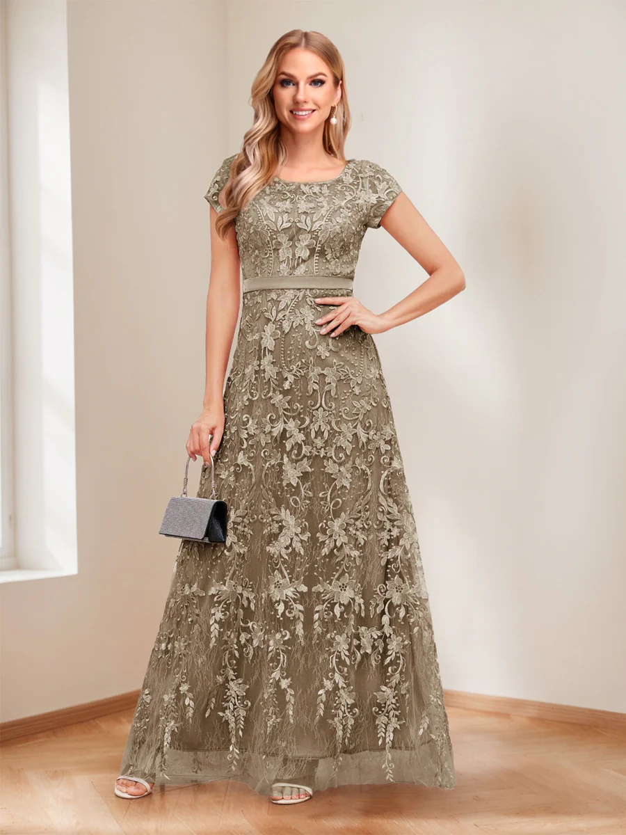 A-Line/Princess Scoop Short Sleeves Mother of the Bride Dresses with Appliques & Beading - Image 70