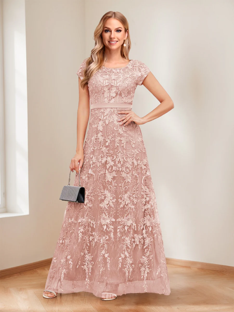 A-Line/Princess Scoop Short Sleeves Mother of the Bride Dresses with Appliques & Beading - Image 9