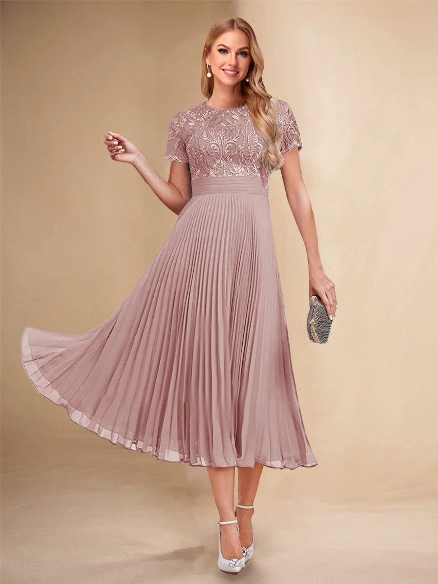 A-Line/Princess Scoop Short Sleeves Pleated Mother of the Bride Dresses with Appliques - Image 15
