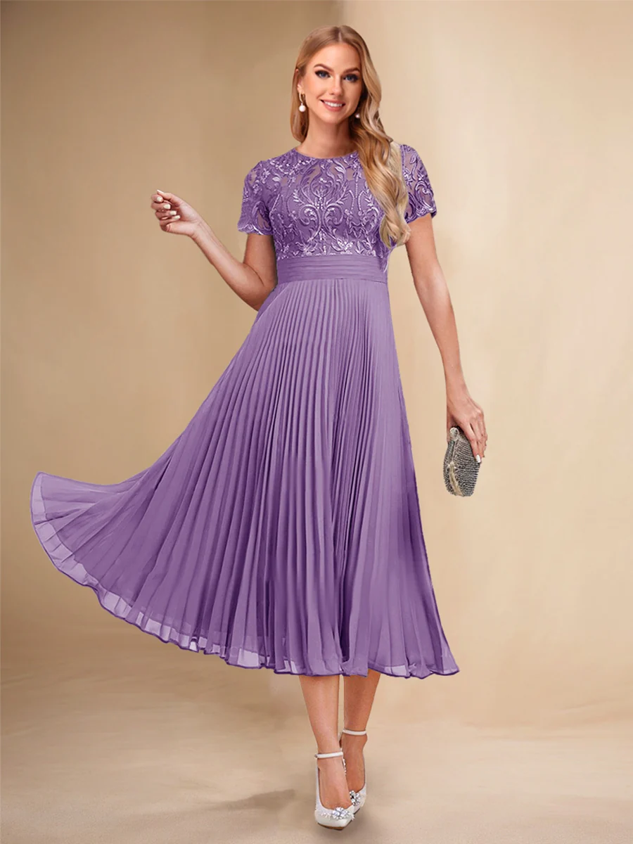 A-Line/Princess Scoop Short Sleeves Pleated Mother of the Bride Dresses with Appliques - Image 16