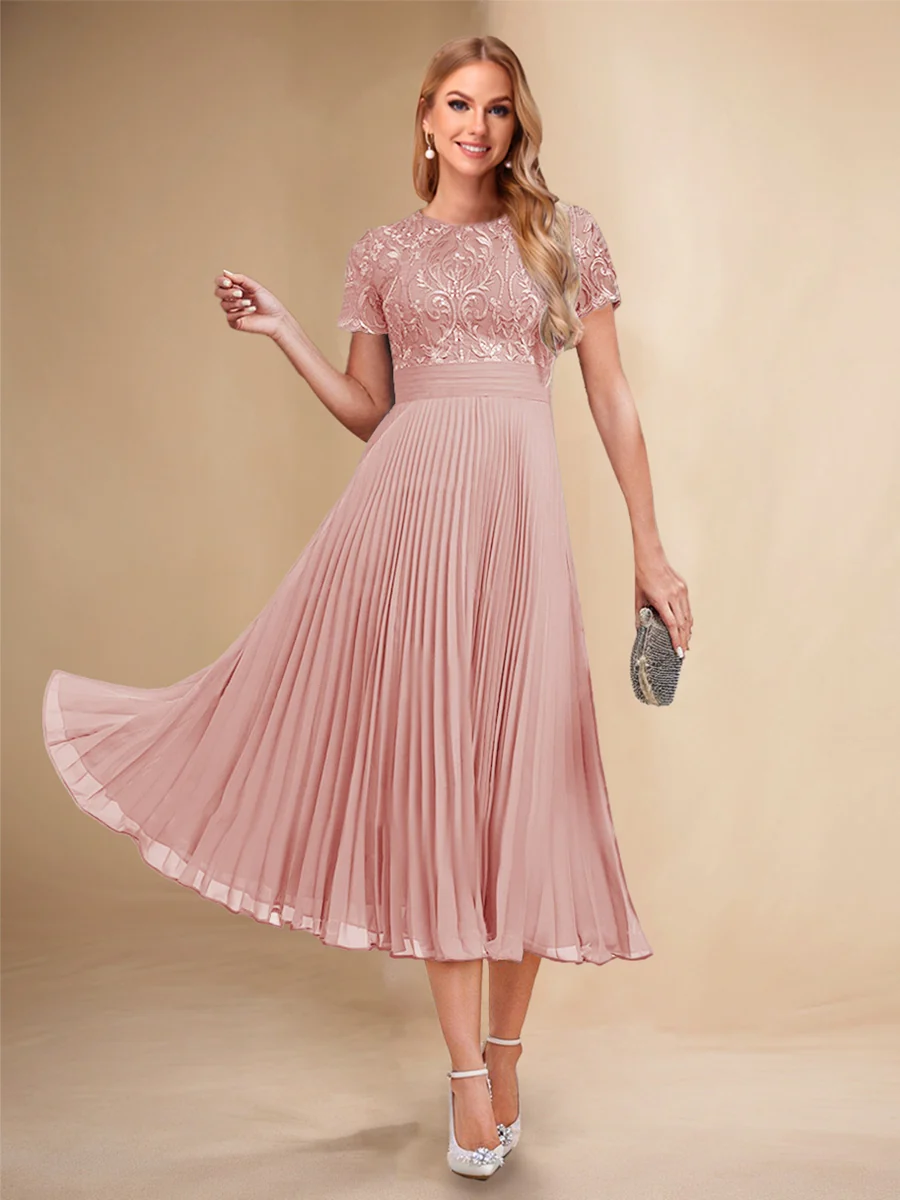 A-Line/Princess Scoop Short Sleeves Pleated Mother of the Bride Dresses with Appliques - Image 17