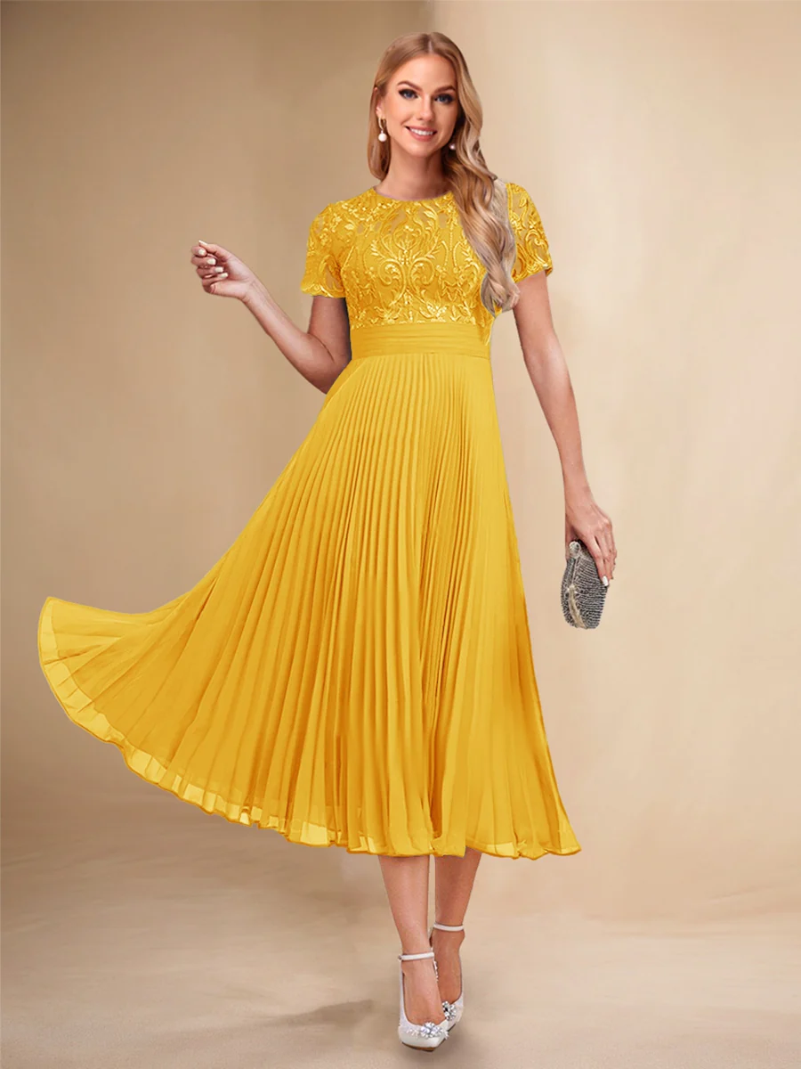 A-Line/Princess Scoop Short Sleeves Pleated Mother of the Bride Dresses with Appliques - Image 23