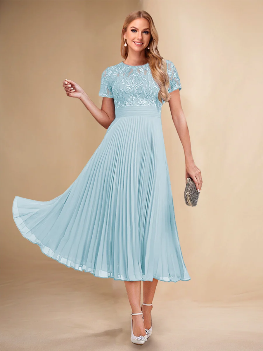 A-Line/Princess Scoop Short Sleeves Pleated Mother of the Bride Dresses with Appliques - Image 30