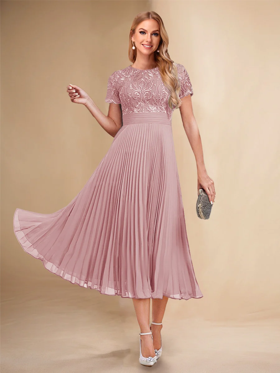 A-Line/Princess Scoop Short Sleeves Pleated Mother of the Bride Dresses with Appliques - Image 37